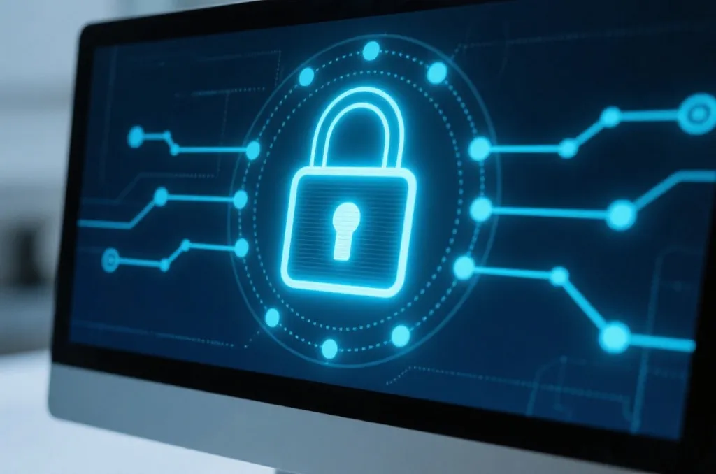 A modern digital security concept, a glowing lock icon on a computer screen, secure network connection visualization